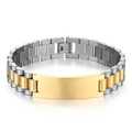 Classic gold and silver stainless steel watchband bracelet with engravable metal nameplate - Two-tone Gold (With Curved Plate)