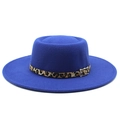 Detail of royal blue wool felt boater hat with leopard print band and silver metal buckle - Blue