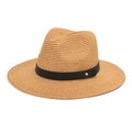 Detailed close-up of woven paper straw texture with black leather band and gold buckle - M(56-58cm) / Camel