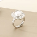 Macro shot of silver geometric ring featuring a pearl inlay on a textured metal band - US 6 / Steel Color Minimalist Grooved Style (KR110925-K)