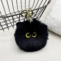 Cute black fuzzy plush kitten ball keychain with big yellow eyes and gold metal ring - Individual Packaging / Black Cat Yellow Eyes