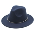 Detail view of navy blue felt fedora with elegant minimalist gold metal ring trim - M (56-58cm) / Navy Blue