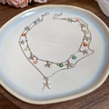 Silver double-layer necklace with starfish and colorful enamel daisy charms on ceramic tray - 43# Necklace - Silver Starfish