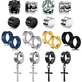 Detailed set of stainless steel earrings with cross pendants and zircon studs in various colors - Multicolor Magnetic Non-Pierced Combination (36008)