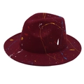 Detail of burgundy wool fedora featuring artistic multi-color graffiti paint splash design - M(56-58cm) / Graffiti (Burgundy)