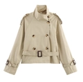 Korte kaki double-breasted trenchcoat met reverskraag en tailleband detail - S / Abrikoos