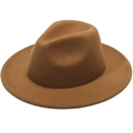 Classic British style brown wool fedora with a wide wavy brim and a pinched crown top - Plain Flat Brim Without Rope / Dark Khaki