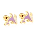 Minimalist golden dolphin stud earrings with purple enamel and secure screw back closure - Whale / Steel