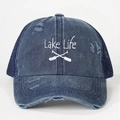 Cappello trucker Lake Life vintage blu con ricamo e rete per coda di cavallo incrociata - Taglia unica / Blu navy