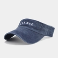 Detail of white CHANCE letter embroidery on dark blue washed denim sun visor cap - Navy Blue