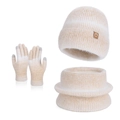 Winter knit hat scarf and gloves 3-piece set in beige with soft texture and leather patch - Three-Piece Set / Beige