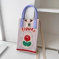 Knitted cat style mini crossbody phone bag with tulip pattern and purple handle - Tulip Pattern Red Purple