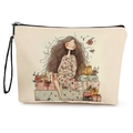 Beigefarbene Kosmetiktasche aus Canvas mit Mädchen-Illustration und Handschlaufe - 17*25cm / Mädchen sitzt auf Geschenken (Stil 2)