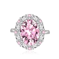 Elegant pink oval gemstone ring with double halo diamond setting on silver band - Adjustable Open / Pink Zirconia