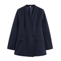 Donkerblauw double-breasted blazerpak zonder kraag voor dames op witte achtergrond - XS / Top/Marineblauw