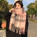 Pink and grey plaid mohair style scarf with tassels shown in a soft street style look - Pink Plaid
