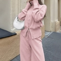 Elegant pink knit two-piece set with zip cardigan and wide-leg trousers for women - S / Pink