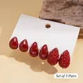 Set of three pairs of deep red acrylic geometric earrings on white display card - Steel Pin Red Waterdrop Style (Set of 3 Pairs)
