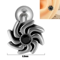Silver steel floral stud earring with black stone inlay and 6.8mm width detail - Vortex Flower - Vintage Silver with Black Zirconia