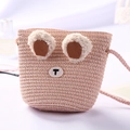 Pink straw bucket bag for girls with cute cartoon bear face and plush white ears - Little Ears / Pink