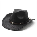 Chapeau de cowboy noir avec texture cuir vintage et boucle de crâne de taureau en métal - Noir Texture