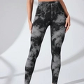 Women high waisted seamless yoga leggings with charcoal grey marble tie-dye print - S / Black Tie-dye