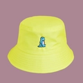 Detail of blue dinosaur embroidery on bright yellow cotton twill sun bucket hat - One Size / Neon Yellow