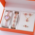 Roségoldene Herz-Uhr und 5-teiliges Schmuckset mit rosa Steinen in einer Geschenkbox - Roségold Rosa Herz Zifferblatt Set (Ohne Box)