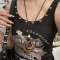 Detailed close-up of retro Zen ceramic necklace with wooden ring on black ethnic top - Wood Circle Necklace DX0460