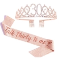 Rose gold 30th birthday set featuring rhinestone crown and Talk thirty to me glitter sash - Sash Tiara Set / Rose Gold Wine Glass Set