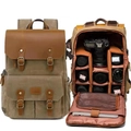 Retro canvas camera backpack in khaki with waterproof leather trim and internal dividers - Camera Version / Khaki