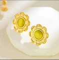 Elegant gold flower stud earrings with translucent yellow gemstone inlay for women - Radial Yellow Gem Flower