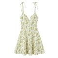 Women's floral print poplin mini dress with adjustable bow straps and deep V-neckline - Yellow Floral