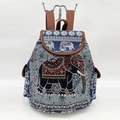 Ethnic blue canvas mini backpack featuring white elephant embroidery and brown straps - Blue Jacquard White Elephant