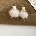 Close-up of flocking bear earring with pearl necklace detail and white plush ball - Silver Earring Post-White