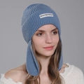 Winter knitted beanie with earflaps in fog blue featuring Short Sentence label - Blue