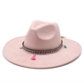 Pink wide brim suede fedora hat with ethnic woven band and colorful tassels - M (56-59cm) / Pink