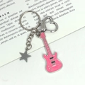 Pink guitar keychain with enamel finish, silver star charm, and heart-shaped spring clasp - New Mini Guitar (Pink with Star)