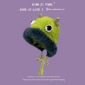 Funny green monster Shrek knit hat with purple horns and tassel ties in neon green - One Size / Little Deer White Green
