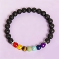 Handmade chakra lava stone beaded bracelet with adjustable natural tiger eye stones - 7 Chakra Lava Stone Elastic Closed Bracelet - jw23