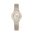Elegante goldene Scottie Damenuhr mit Perlmuttzifferblatt und Kristall-Weizen-Armband - Goldgehäuse / Aprikosen-Lederarmband