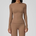 Slim fit brushed long sleeve yoga set in coffee brown color for women sports - S / Mocha Brown