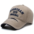 Retro distressed khaki baseball cap with blue Michigan embroidery in a 45-degree angle view - Adjustable / Beige