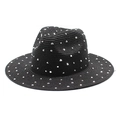 Black straw Fedora hat with silver metal rivet studs and a wide brim for sun protection - M (56-58cm) / Black