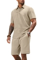 Detail of khaki waffle knit texture on men's summer short sleeve polo and shorts set - Khaki