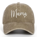 Close-up of white Mama embroidery and small heart on khaki washed cotton baseball cap - Khaki
