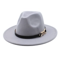 Detail of wide brim grey fedora hat with black leather band and gold chain buckle - Light Gray