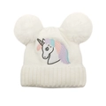 Detailed texture of white knit beanie with soft faux fur pom-poms and unicorn embroidery - M(48cm-52cm) / White