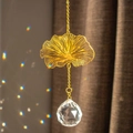 Golden ginkgo leaf suncatcher with faceted crystal ball pendant and dreamy light effects - Lotus Leaf Style