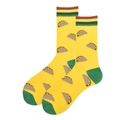 Men's bright yellow crew socks featuring full taco print and striped cuffs design - Yellow Taco